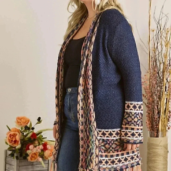 Navy Tribal Fringe Sweater Kimono - Picture 2 of 4